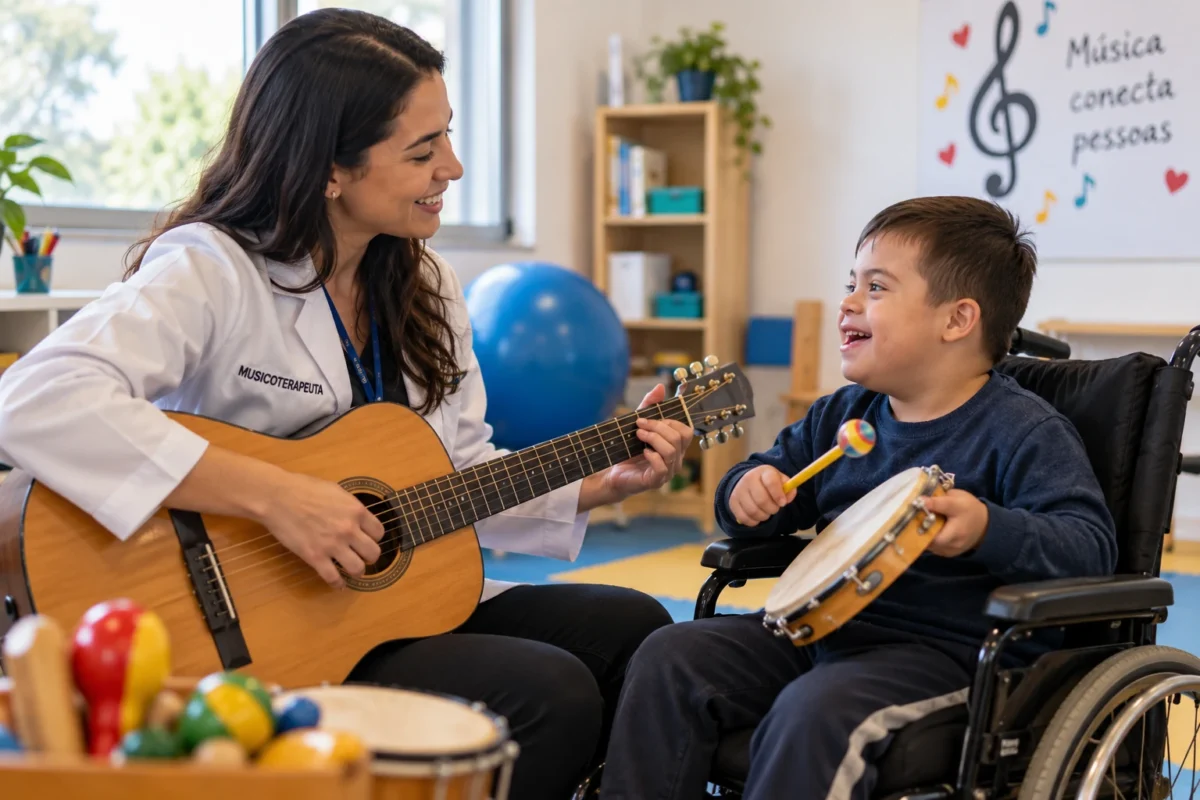 Musicoterapeuta utiliza violão durante atividade terapêutica com criança