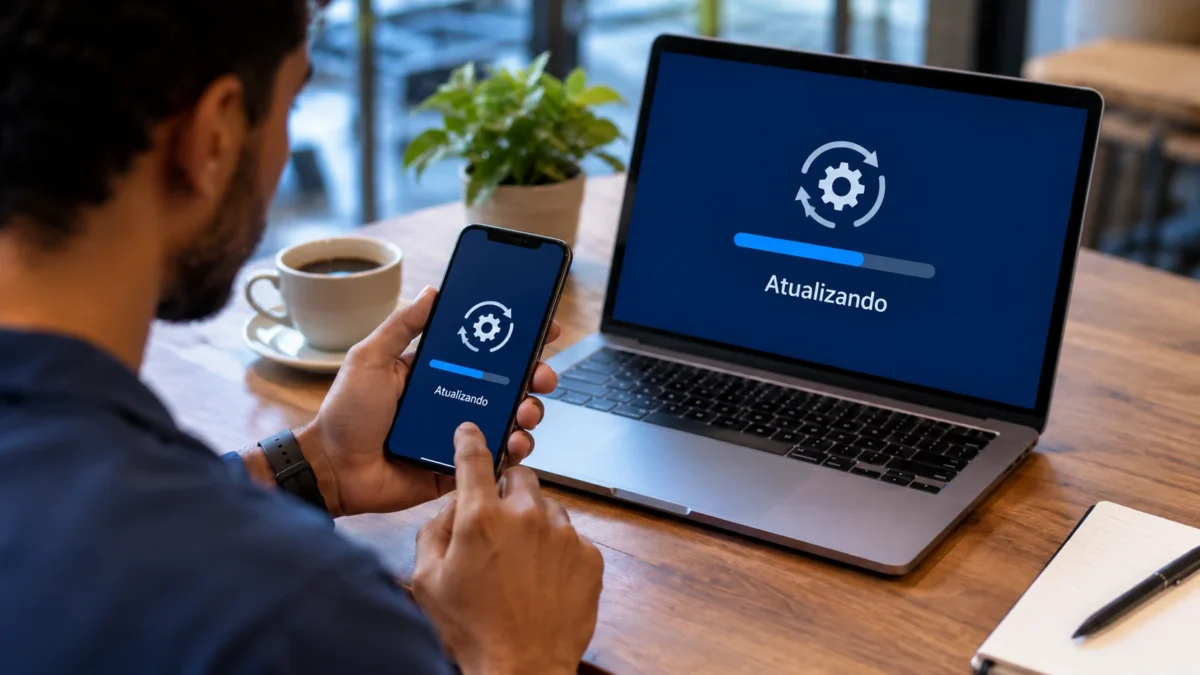 Homem acompanha atualização de segurança em celular e notebook para manter os dispositivos protegidos durante o acesso a uma rede Wi-Fi pública.