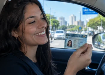 Jovem brasileira segura carteira de habilitação dentro de um carro, representando o aumento da busca pela primeira habilitação e as mudanças promovidas pela CNH do Brasil.