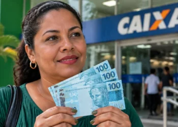 Mulher segurando notas de dinheiro em frente a uma agência da Caixa, representando o aumento do Bolsa Família em 2026
