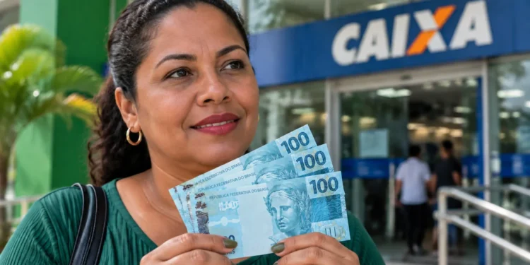 Mulher segurando notas de dinheiro em frente a uma agência da Caixa, representando o aumento do Bolsa Família em 2026