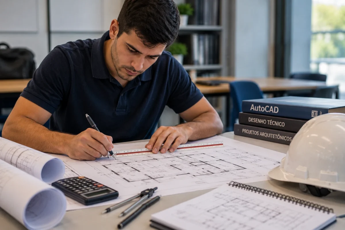 Homem pratica desenho técnico em planta arquitetônica com régua e instrumentos de medição