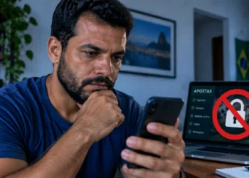 Homem utiliza celular ao lado de notebook com bloqueio de apostas, representando a autoexclusão de plataformas de jogos no Brasil.