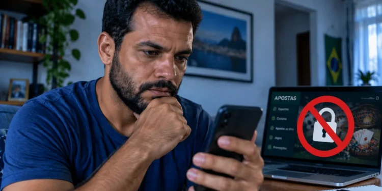 Homem utiliza celular ao lado de notebook com bloqueio de apostas, representando a autoexclusão de plataformas de jogos no Brasil.