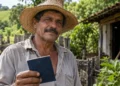 Trabalhador rural segurando documento em propriedade agrícola, representando o direito a benefícios do INSS sem contribuições mensais.