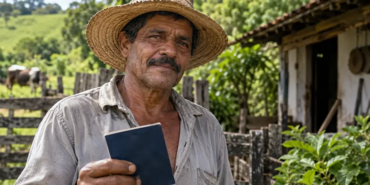 Trabalhador rural segurando documento em propriedade agrícola, representando o direito a benefícios do INSS sem contribuições mensais.