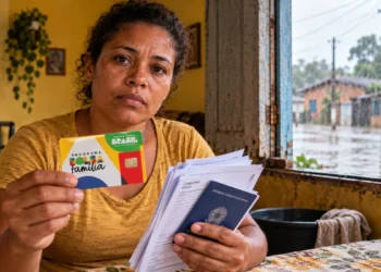 Mulher segura cartão do Bolsa Família durante situação de emergência