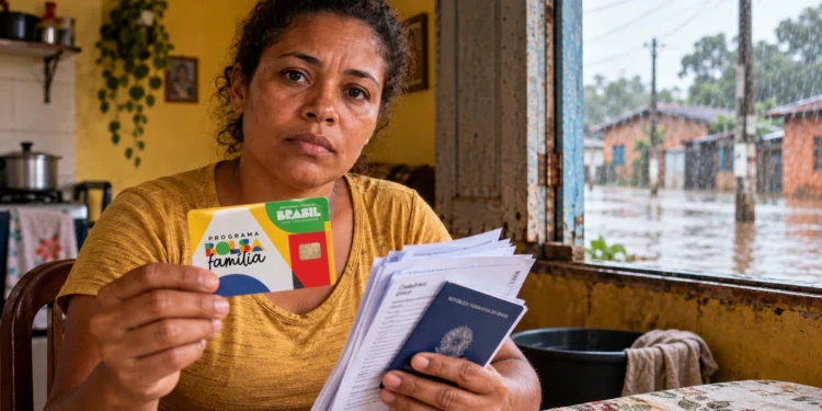 Mulher segura cartão do Bolsa Família durante situação de emergência