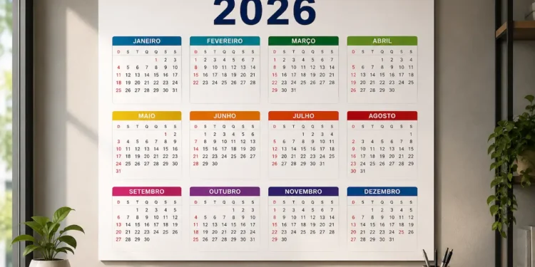 Calendário de 2026 na parede com os meses do ano, representando os feriados que ainda restam no calendário nacional.