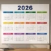 Calendário de 2026 na parede com os meses do ano, representando os feriados que ainda restam no calendário nacional.