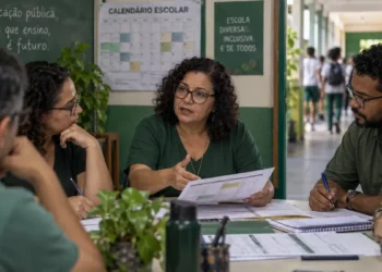 Diretora escolar reúne professores para organizar o calendário escolar durante a Copa Feminina de 2027, representando as orientações do MEC.
