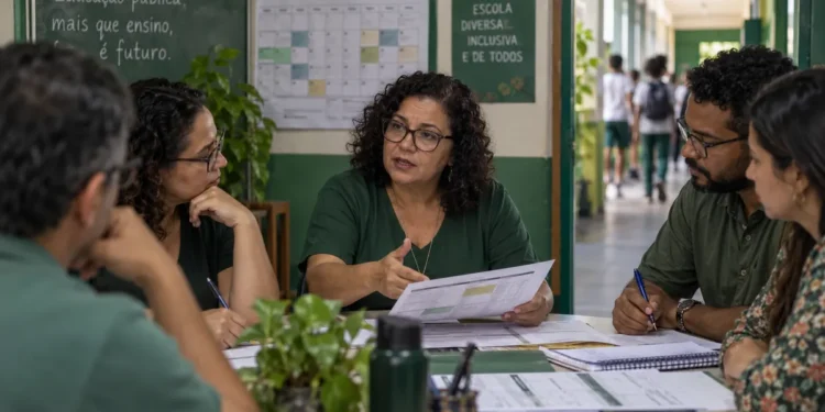 Diretora escolar reúne professores para organizar o calendário escolar durante a Copa Feminina de 2027, representando as orientações do MEC.