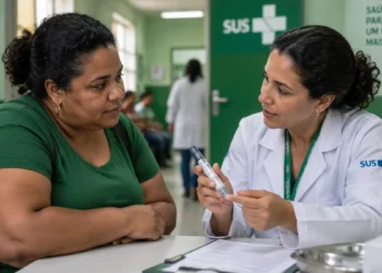 Mulher recebendo orientação sobre o uso de caneta emagrecedora em unidade de saúde pública, representando a possibilidade de distribuição gratuita do medicamento.