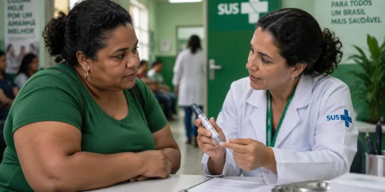 Mulher recebendo orientação sobre o uso de caneta emagrecedora em unidade de saúde pública, representando a possibilidade de distribuição gratuita do medicamento.