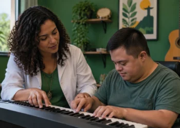 Musicoterapeuta acompanha paciente durante atividade terapêutica com teclado