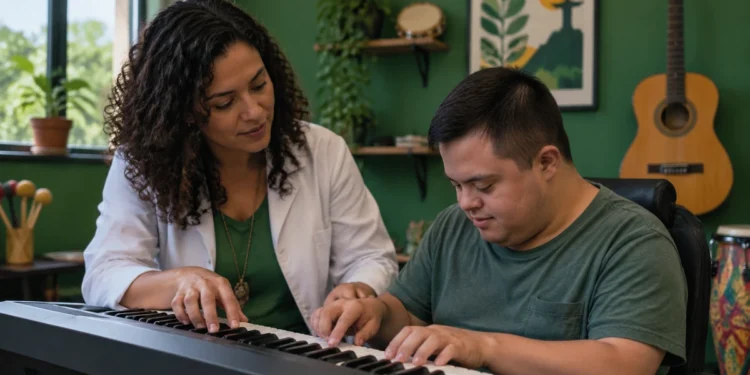 Musicoterapeuta acompanha paciente durante atividade terapêutica com teclado
