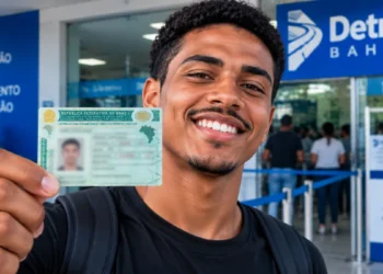 Jovem segura Carteira Nacional de Habilitação em frente ao Detran Bahia, representando as mais de 20 mil vagas do programa de CNH gratuita no estado.