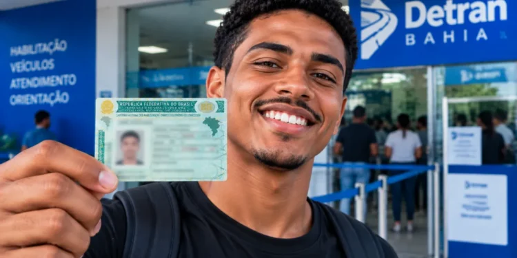 Jovem segura Carteira Nacional de Habilitação em frente ao Detran Bahia, representando as mais de 20 mil vagas do programa de CNH gratuita no estado.