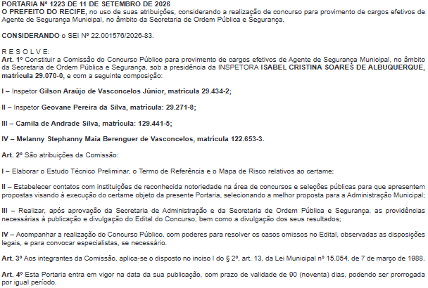 Portaria que institui comissão organizadora do concurso da Guarda Municipal do Recife.