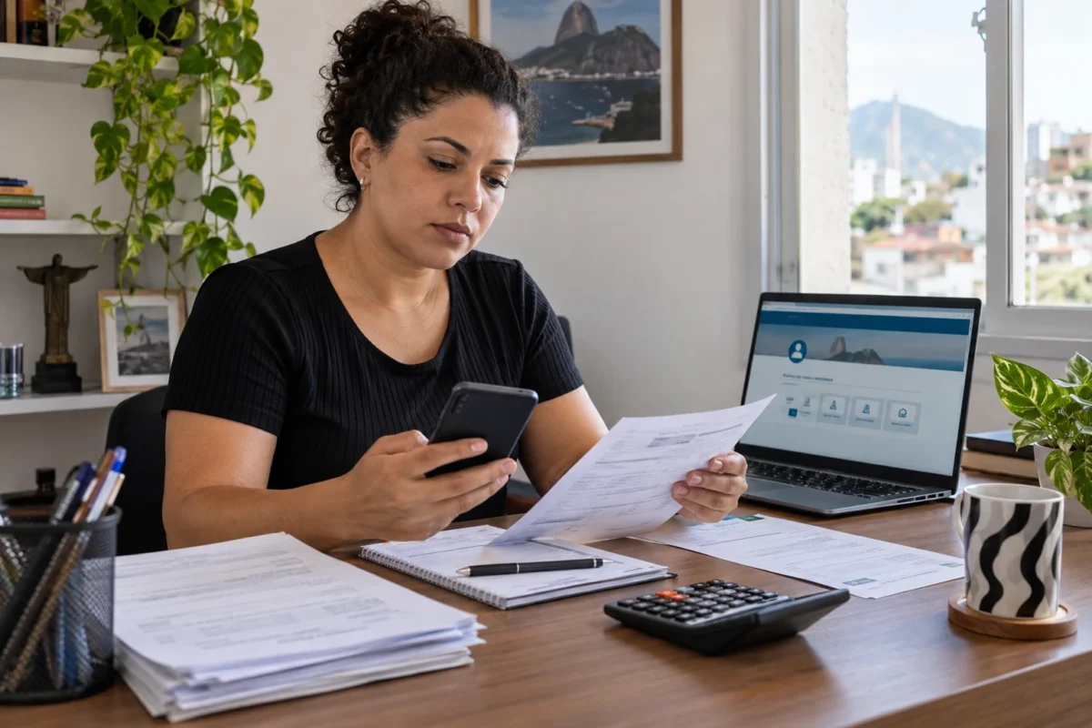 Contribuinte individual consulta documentos e celular para regularizar contribuições ao INSS.