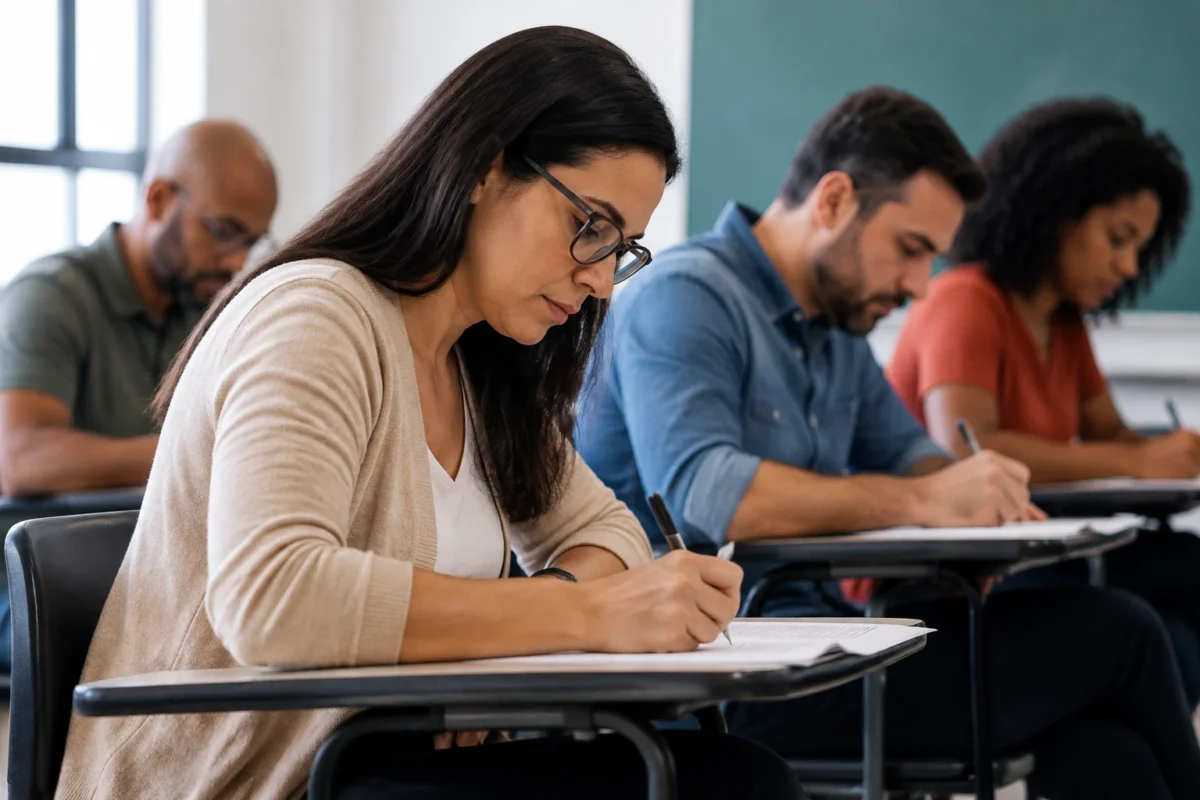 Professores realizando prova escrita em sala de aula representando a composição da Prova Nacional Docente 2026