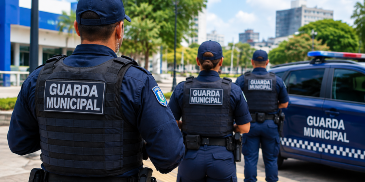 Três agentes da Guarda Municipal de colete e boné patrulham rua ao lado de viatura marcada.