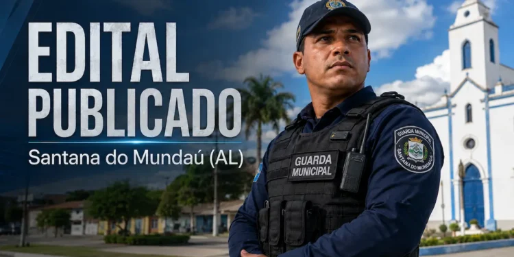Guarda Municipal de Santana do Mundaú (AL) em destaque com informação sobre edital publicado e período de inscrições do concurso.