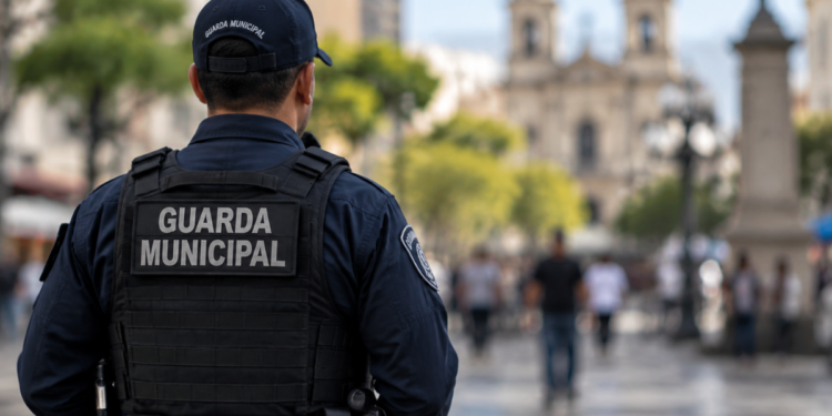 Guarda municipal fardado de costas em área urbana representando o concurso da Guarda Municipal de Tangará RN.