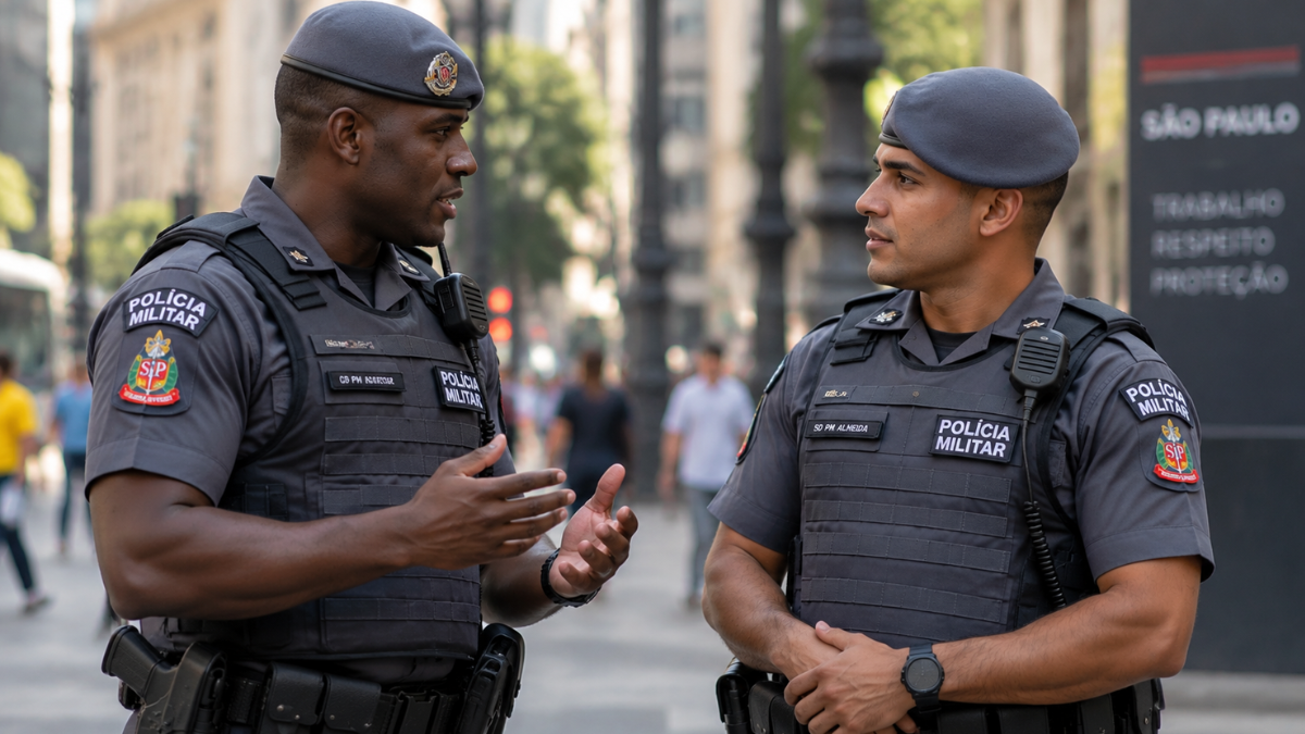 Policiais militares de São Paulo conversam durante atividade em área urbana representando o concurso da PM SP 2026.