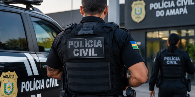 Policiais civis em frente a uma unidade da Polícia Civil do Amapá, representando concurso público.