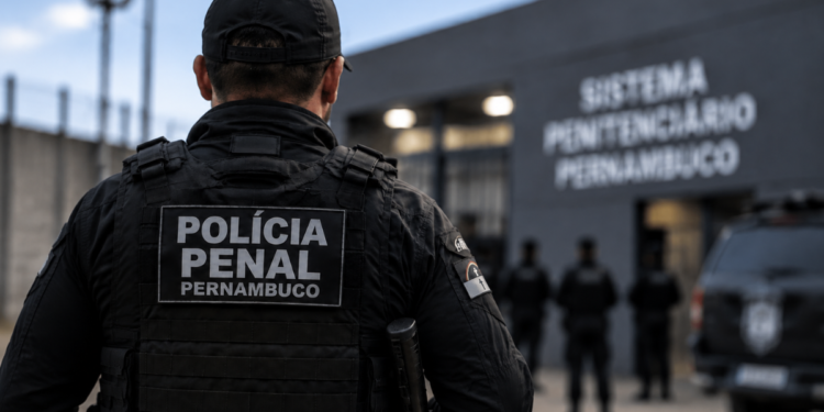 Policial penal de Pernambuco fardado com identificação da Polícia Penal nas costas durante preparação para concurso público.