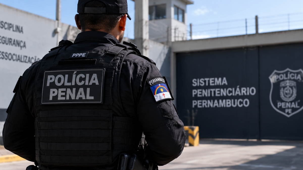 Policial penal de Pernambuco fardado em frente a unidade do sistema penitenciário estadual.