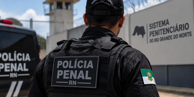 Policial penal do Rio Grande do Norte em frente a unidade prisional representando concurso público da Polícia Penal-RN.