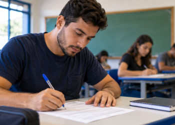 Candidato realiza prova em sala de aula representando concurso da Prefeitura de Alvorada RS.