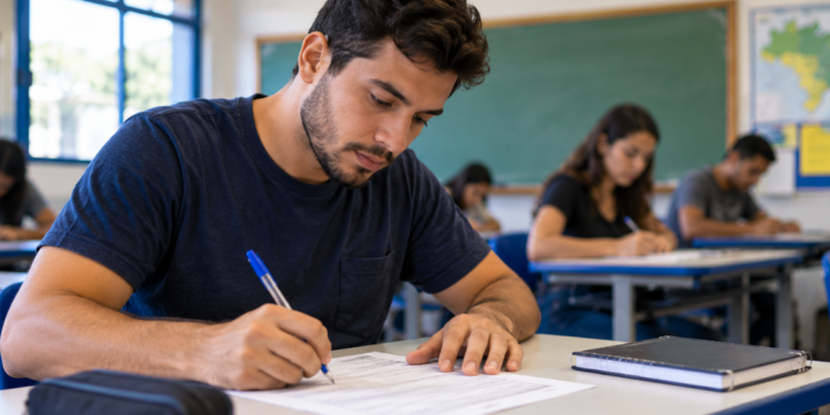 Candidato realiza prova em sala de aula representando concurso da Prefeitura de Alvorada RS.
