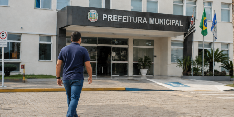 Pessoa caminhando em direção à Prefeitura Municipal de Santana do Mundaú, representando o concurso público com 101 vagas e salários de até R$ 8.354.