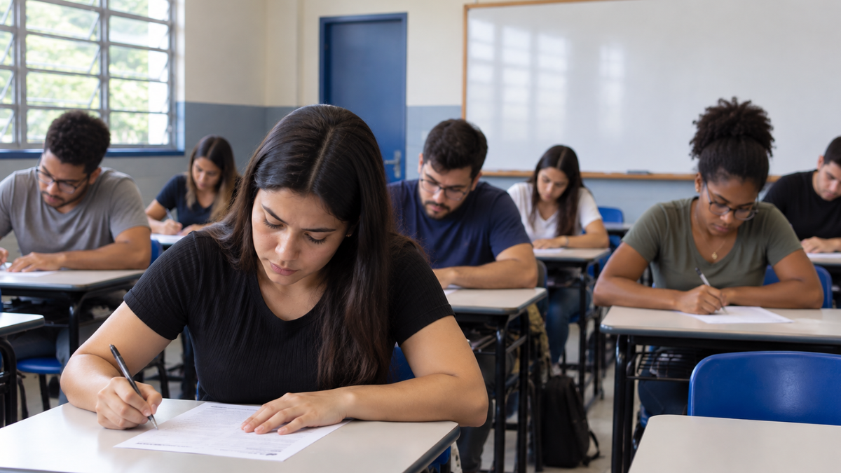 Candidatos realizando prova escrita em sala de aula representando as etapas do concurso da Receita Federal.