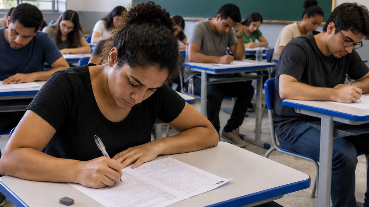 Candidatos realizando prova em sala de aula, representando preparação e participação em concurso público do Superior Tribunal de Justiça (STJ).