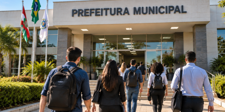 Pessoas caminhando em direção a uma prefeitura municipal representando concursos públicos com vagas abertas em municípios do Sul do Brasil.