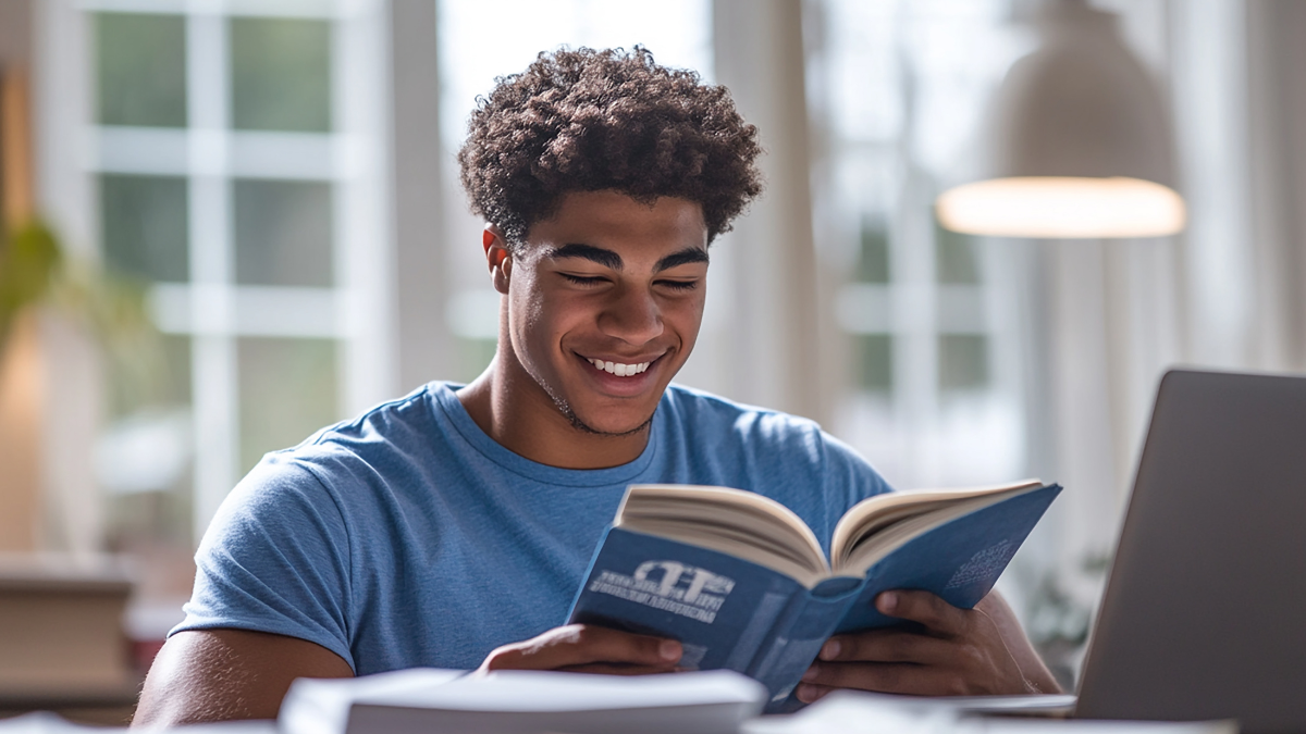 Estudante se preparando para concursos públicos com livro e notebook em ambiente de estudos.