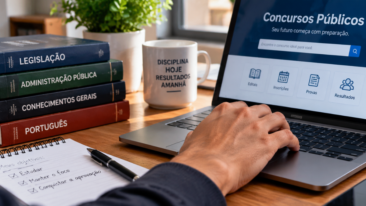 Pessoa estudando para concursos públicos com notebook e livros de preparação, representando candidatos em busca de vagas nas áreas administrativa, saúde e segurança pública.