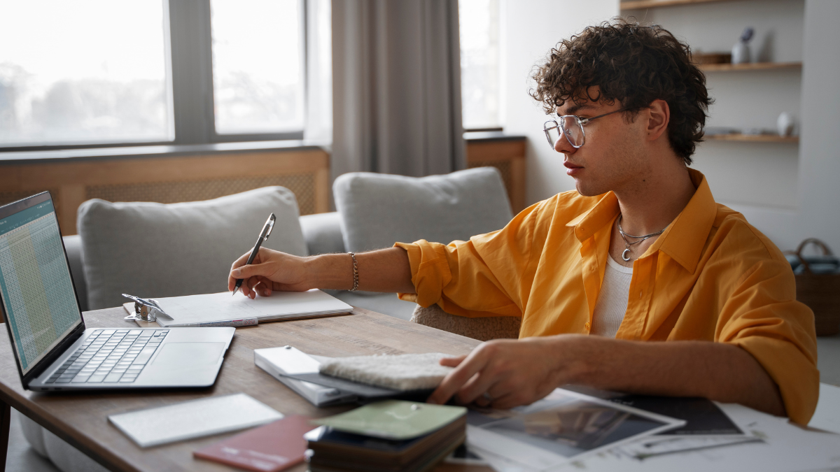 Pessoa estudando para concursos públicos com notebook, livros e materiais de preparação.