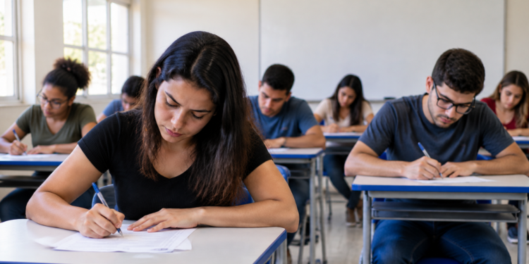 Candidatos realizam prova de concurso público em sala de aula representando oportunidades com inscrições prorrogadas.