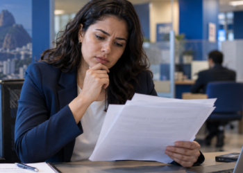 Mulher analisando documentos em ambiente bancário, representando os concursos bancários previstos para 2026.