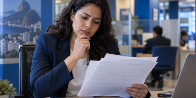 Mulher analisando documentos em ambiente bancário, representando os concursos bancários previstos para 2026.