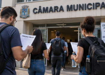 Candidatos chegam a uma Câmara Municipal para realizar concurso público com vagas em diferentes estados.