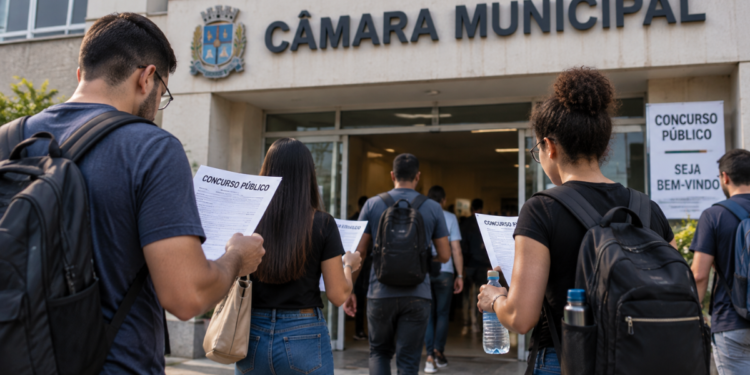 Candidatos chegam a uma Câmara Municipal para realizar concurso público com vagas em diferentes estados.