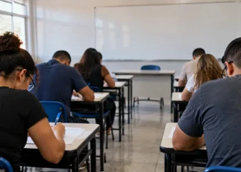 Candidatos realizando prova de concurso público em sala de aula com folhas de questões sobre as mesas.