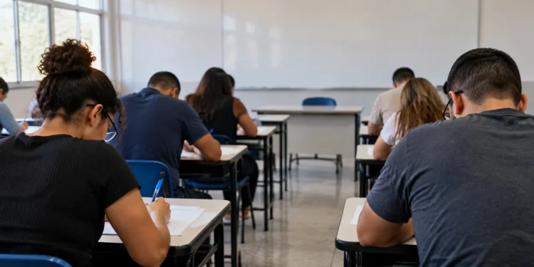 Candidatos realizando prova de concurso público em sala de aula com folhas de questões sobre as mesas.