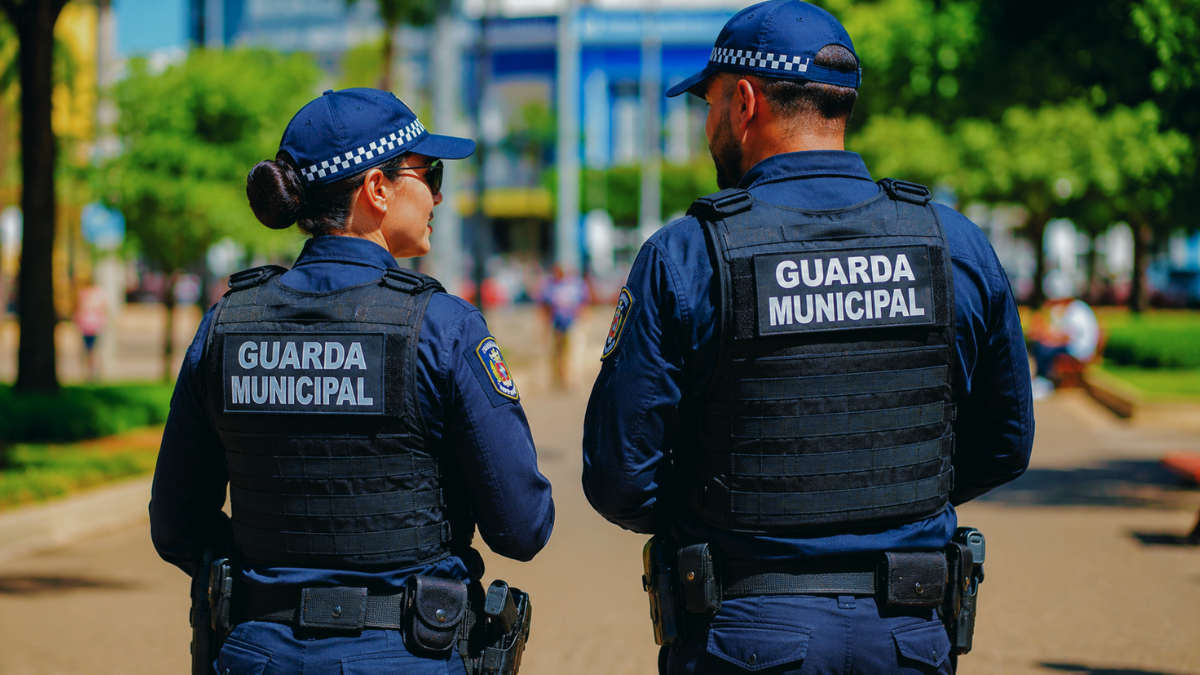Mulher e homem da Guarda Municipal fardados em praça pública representam concursos de nível médio.